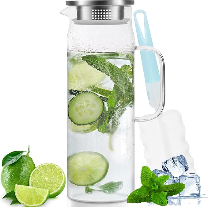 Yirilan Glass Pitcher, 1.5liter Glass Pitcher With Lid, Carafes and Pitchers, Iced Tea Pitcher, Water Carafe With Handle, Heat Resistant Borosilicate Glass Jug, Beverage Pitcher, Tea Jug With Brush