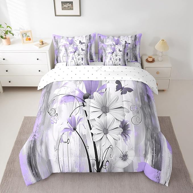 Feelyou Girls Daisy Flower Comforter Set with Sheets King Size 7 Pieces Kids Vintage Floral Butterfly Bedding Set for Boys Women Teens Purple Grey White Simple Modern Abstract Art Bed in a Bag