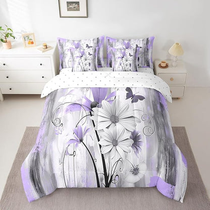 Feelyou Girls Daisy Flower Comforter Set with Sheets Queen Size 7 Pieces Kids Vintage Floral Butterfly Bedding Set for Boys Women Teens Purple Grey White Simple Modern Abstract Art Bed in a Bag