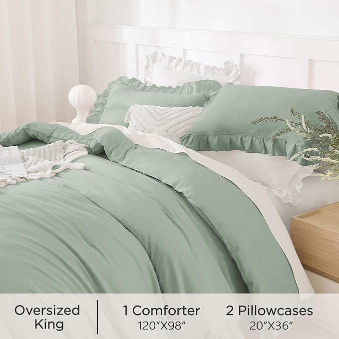 Andency Oversized King Comforter Set 120x98, 3 Pieces Ruffle Shabby Chic Famhouse Bedding Set, All Season Lightweight Fluffy Bed Set for Girls Women, Green