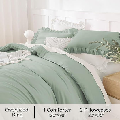 Andency Oversized King Comforter Set 120x98, 3 Pieces Ruffle Shabby Chic Famhouse Bedding Set, All Season Lightweight Fluffy Bed Set for Girls Women, Green