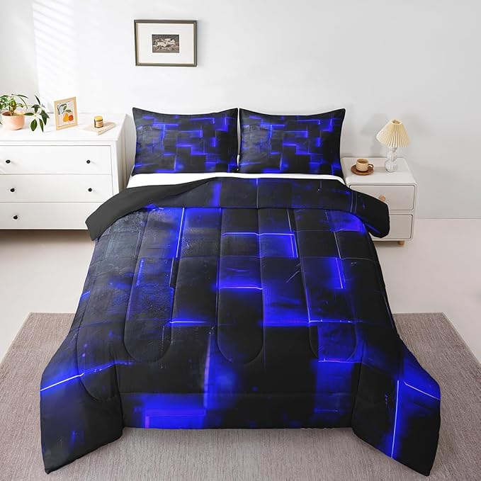 Navy Blue Black Bedding Twin 3D Glowing Buffalo Twin Comforter Set Modern Abstract Art Bedding Comforter Sets Geometric Plaid Duvet Insert, Gradient Futuristic Cubes Down Comforter (Black Reversible)