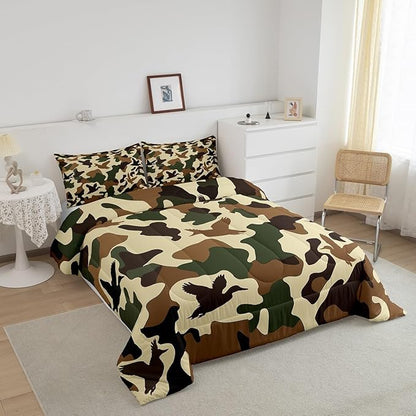 Erosebridal Duck Hunter Duvet Insert Toddler Size Camo Bedding for Kids Army Camouflage Hunting Bedding Comforter Sets Vintage Green Brown Bedroom Decor Wild Animal Duck Rustic Comforter Set