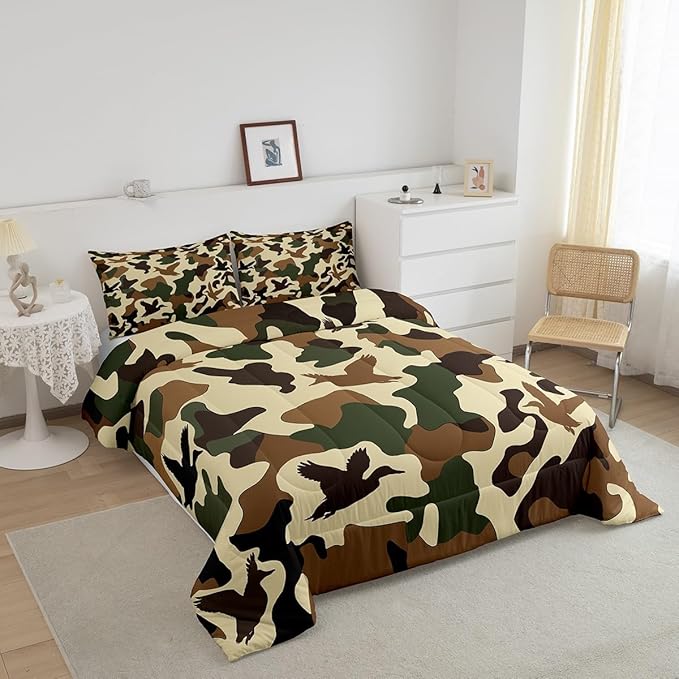 Erosebridal Duck Hunter Duvet Insert Full Size Camo Bedding for Kids Army Camouflage Hunting Bedding Comforter Sets Vintage Green Brown Bedroom Decor Wild Animal Duck Rustic Comforter Set