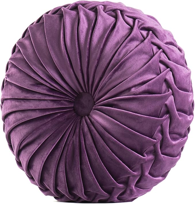 Round Throw Pillow Velvet Home Decoration Soft Pleated Pumpkin Round Floor Cushion for Couch Chair Bed Car Decorative(Purple14inch)
