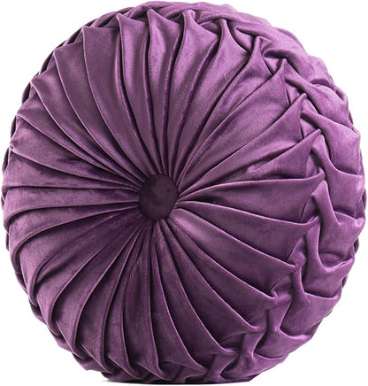 Round Throw Pillow Velvet Home Decoration Soft Pleated Pumpkin Round Floor Cushion for Couch Chair Bed Car Decorative(Purple14inch)