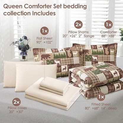 Comforter Set Queen Size Bear Moose Plaid Comforter Bedding-7 Piece Bed in a Bag,Soft Reversible Patchwork Microfiber Bedding Set (1 Comforter,1 Flat Sheet,1 Fitted Sheet,2 Pillowcases,2 Pillow Shams)