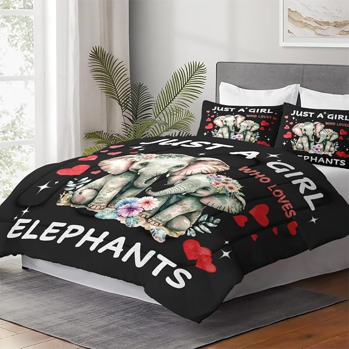 Queen Size Comforter Set with 2 Pillowcases, Cute Animal Elephant 3 Pcs Bedding for Kids and Adults, Funny Watercolor Flower Soft Comforter Set for Bedroom Bed Decor