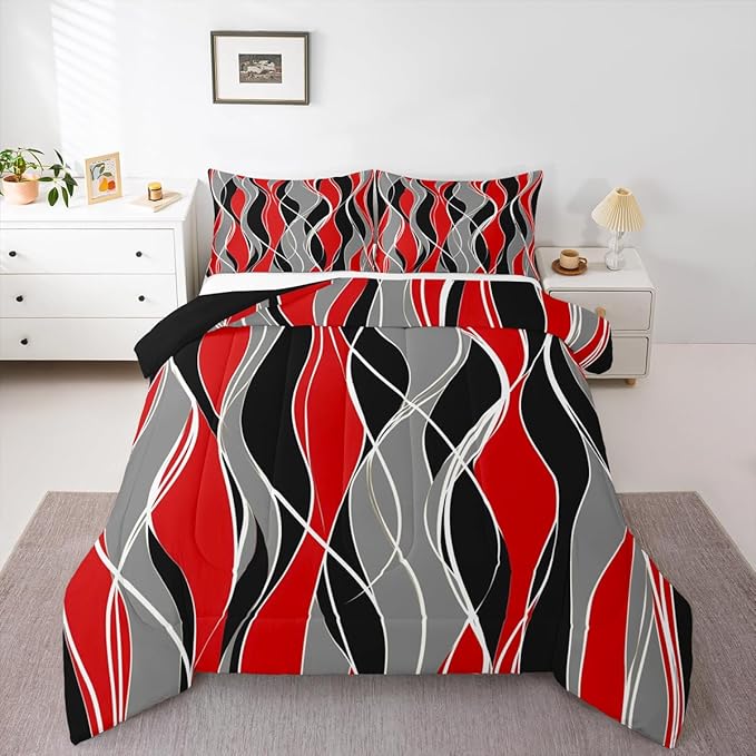 Erosebridal Red Black Stripe Bedding Full Modern Comforter Set, White Gray Bedding Comforter Sets Abstract Line Duvet, Geometric Aesthetic Art Quilted Comforter Ultra Soft Cozy Microfiber 3pcs