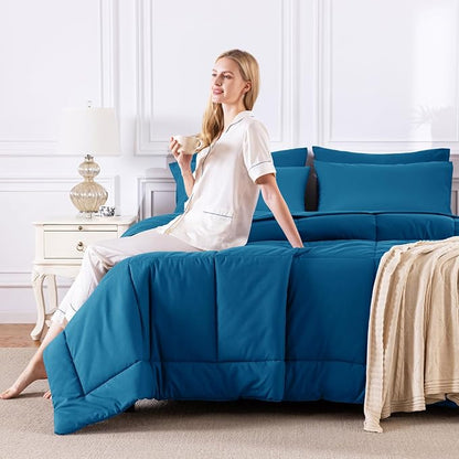 CozyLux Queen Comforter Set Teal, 7 Pieces Bed in a Bag, Teal Comforter Queen Size, All Season Bedding Sets with Stitch Quilted Comforter, Flat Sheet, Fitted Sheet, Pillowcases