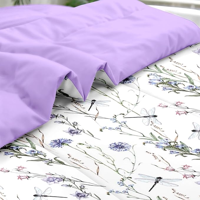 Comforter Set Queen Size, Botanical Flower Dragonfly 7 Pcs Bedding for Kids and Adults, Herb Plant Wildflowers Bed Sheet Sets with Fitted Sheet 2 Pillowcases & 2 Shams for Bedroom Bed Decor