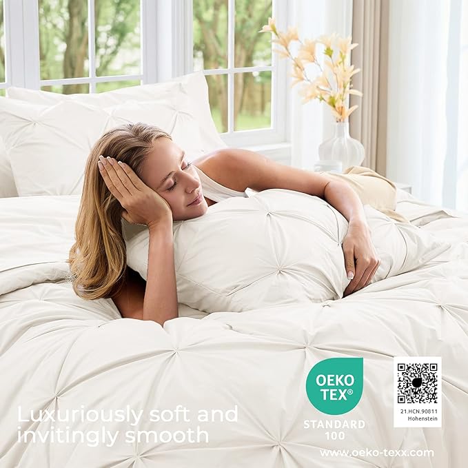 Sasttie Twin Comforter Set, 5-Piece Bed in a Bag, Pintuck Bedding Sets for All Season, Includes Comforter, Flat Sheet, Fitted Sheet, Pillowcase and Pillowsham, Ivory