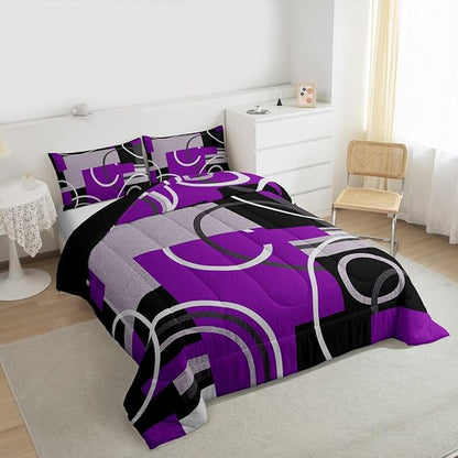 Abstract Stripes Swirls Comforter Set Modern Purple White Quilt Set Geometric Circles Lines Bedding Set Chic Black Grey Duvet Insert Graphic Simple Style Soft Microfiber Bedding Comforter Sets King