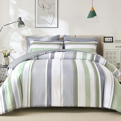 WONGS BEDDING Sage Green Comforter King Size Set, 7 Pieces Bed in a Bag Sage Green and Grey Comforter Set, Soft Boho Striped Bedding Sets with Sheets, Pillowcases & Shams