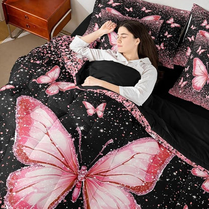 Feelyou Pink Butterfly 7 Piece Bedding Set Glitter Print Comforter Set with Sheets for Kids Boys Girls Pretty Animal Bed in a Bag Beautiful Butterfly Bed Set Soft Lightweight