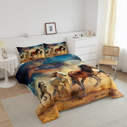 Feelyou Horse Bedding Set Toddler Size Galloping Horse Comforter Set for Kids Boys Girls Decor Cute Animal Decor Comforter Galaxy Brown and Blue Duvet Set