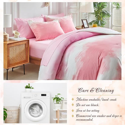 Blush Pink and White Gradient Comforter Set Queen Size 7 Pieces Elegant Ombre Bed in a Bag - Reversible All Season Bedding Set with Comforter, Flat Sheet, Fitted Sheet, 2 Pillowcases & 2 Pillow Shams