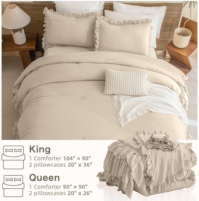 Masaca Farmhouse King Size Comforter Set,Shabby Boho Chic Bedding Ruffled Linen Feel Textured King Bed Comforter Vintage Rustic French Country Bedding Sets 3 Pieces
