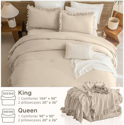 Masaca Farmhouse King Size Comforter Set,Shabby Boho Chic Bedding Ruffled Linen Feel Textured King Bed Comforter Vintage Rustic French Country Bedding Sets 3 Pieces
