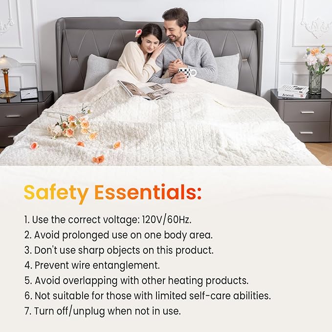 WOOMER Heated Blanket Queen Size 84" x 90", Electric Blanket with Dual Controls, 0.5-12 Hours Timer & 10 Heating Levels, ETL Certified, White Rose Patterns Faux Fur & Sherpa, Machine Washable