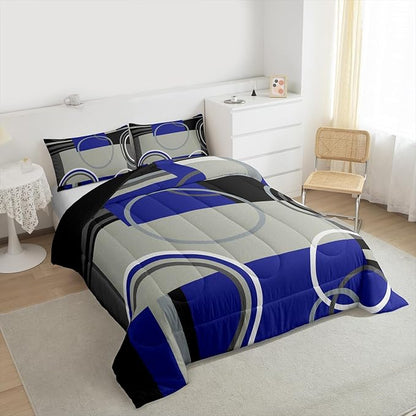 Erosebridal Dark Blue Black Gray Comforter Set Twin Modern Swirls Striped Bedding Set Abstract Circles Rings Duvet Set Geometric Plaid Comforter Gromment Spiral Graphic Art Down Comforter Room Decor