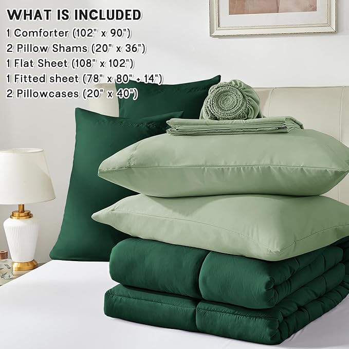 Anluoer King Comforter Set,Emerald Green&Sage Bed in a Bag 7 Piece,Lightweight Bedding Set with Soft Down Alternative Fill,Bed Set Includes Comforter, Fitted Sheet, Flat Sheet,Pillowcases and Shams