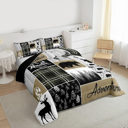Rustic Cabin Comforter Set For Men, Farmhouse Country Bear Moose Bedding Twin Size, Forest Vintage Wood Decor Quilt Hunting Camping Adventure Themed Bedding Comforter Sets Bear Decor For Home