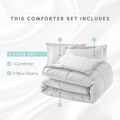 Elegant Comfort 3-Piece Box Stitched Down Alternative Comforter with Shams - Ultra Soft for All Season Duvet Insert with Corner Tabs, Plush Cozy 3PC Comforter Set, Twin XL, White