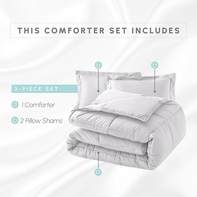 Elegant Comfort 3-Piece Box Stitched Down Alternative Comforter with Shams - Ultra Soft for All Season Duvet Insert with Corner Tabs, Plush Cozy 3PC Comforter Set, Full, White