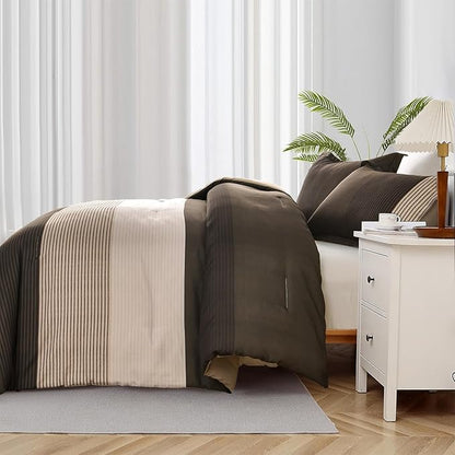 Brown Comforter Set King, Reversible Brown Striped Down Alternative Comforter for King Bed,3 Pieces (1 Comforter+2 Pillowcases), Soft Microfiber Bedding Duvet Set 104"×90"