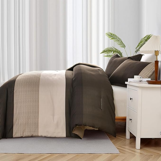 Brown Comforter Set Queen, Reversible Brown Striped Down Alternative Comforter for Queen Bed,3 Pieces (1 Comforter+2 Pillowcases), Soft Microfiber Bedding Duvet Set 90"×90"