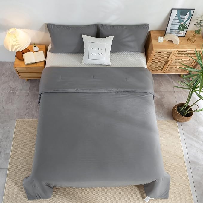 COTTEBED Ultra-Soft KING Sized Bedding Down Comforters Sets Dark Gray, All Seasons Use Lightweight Soft Fluffy Washed Cotton Microfiber - 1 Bed Comforter &2 Pillowshams (King/California Cal King,Grey)