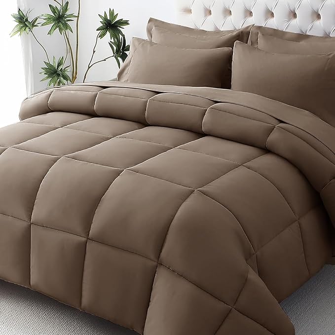 JOLLYVOGUE King Comforter Set, Ultra-Soft Bed in a Bag King Size 7 Pieces, Oeko-TEX Certified Bedding Set with Down Alternative Comforter, Sheets, Pillowcases & Shams, Brown