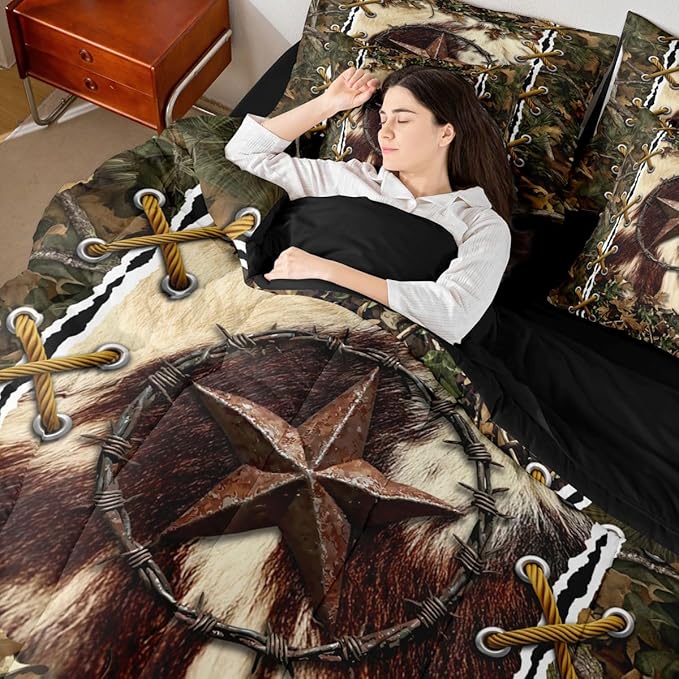 Erosebridal Cabin King Size Comforter Set with Sheets | Western Texas Star Cowhide 7-Piece Bedding Set Mens Camouflage Bed in a Bag, Woodland Animals Bed Sets,Camo Rustic Farmhouse Decor Camo Bed Set