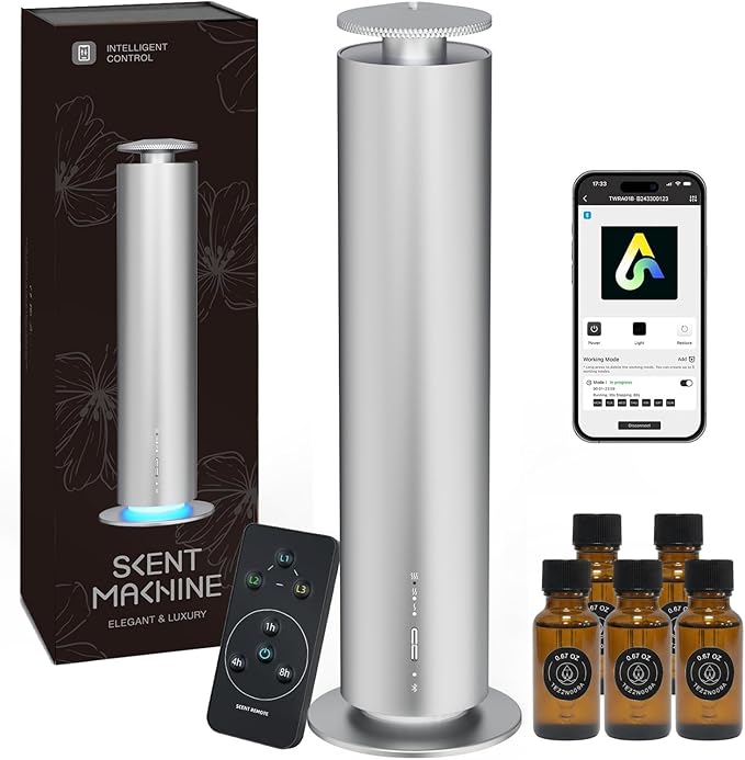 Waterless Essential Oil Diffuser, Long Lasting Aromatherapy Scent Diffuser for Home with Light Mode, 1000 Sq. Ft Coverage Quiet Oil Diffusers for Bedroom, Office, Included 5 Scent Oils(3.3OZ), Silver