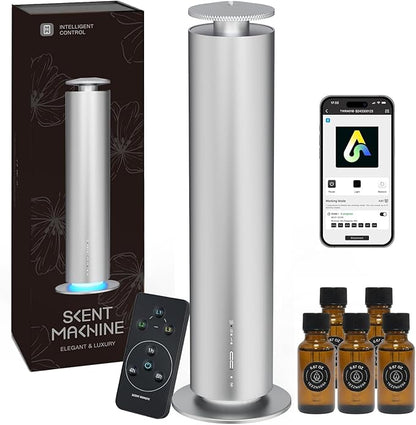 Waterless Essential Oil Diffuser, Long Lasting Aromatherapy Scent Diffuser for Home with Light Mode, 1000 Sq. Ft Coverage Quiet Oil Diffusers for Bedroom, Office, Included 5 Scent Oils(3.3OZ), Silver