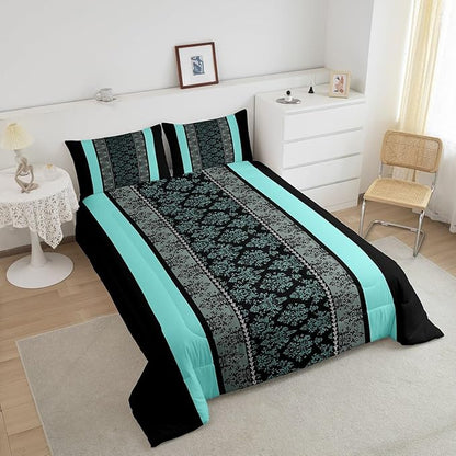 jejeloiu Adult Classic Jacquard Bedding Set Queen Size Damask Pattern Comforter Set for Boys Girls Black Teal Stripe Duvet Set Baroque Quilt Set 3Pcs