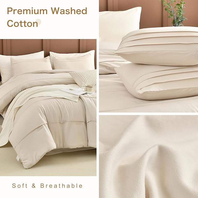 CozyTide Queen Comforter Set(90"x95"),Cotton Pinch Pleated Bedding Set,3 Pieces Soft Lightweight Farmhouse Bedding Comforter Set（1 Wheat Comforter and 2 Pillowcases）