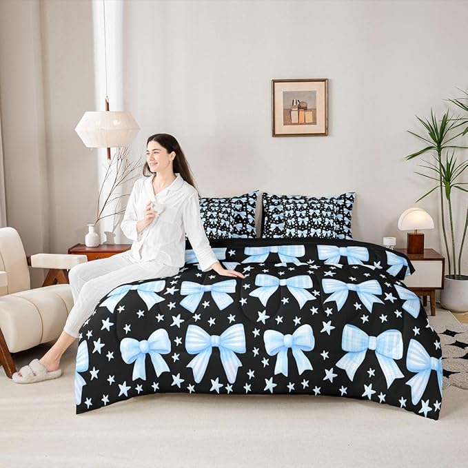 Erosebridal Bow Girls Black Blue Cute Comforter Set Queen Size 7 Pieces | Dreamy Y2K Bed in A Bag Bowknot Kawaii Bed Set Starry Princess Bedding
