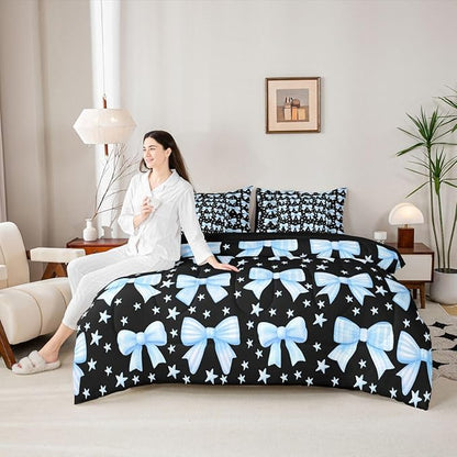 Erosebridal Bow Girls Black Blue Cute Full Comforter Set 7 Pieces | Dreamy Y2K Bed in A Bag for Bedroom Bowknot Kawaii Bedding Set with Comforters Starry Princess Room Decor