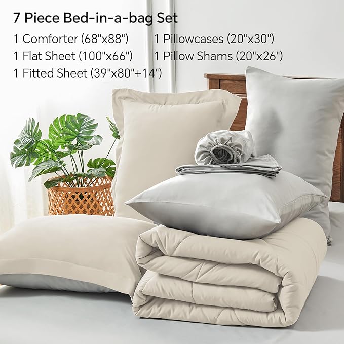BEDELITE Twin XL Comforter Set 5 Pieces Bed in A Bag - Soft Microfiber Reversible Twin Extra Long Beige Bed Set with Comforters, Sheets, Pillowcase & Sham, Cozy Bedding Sets for College Dorm Room