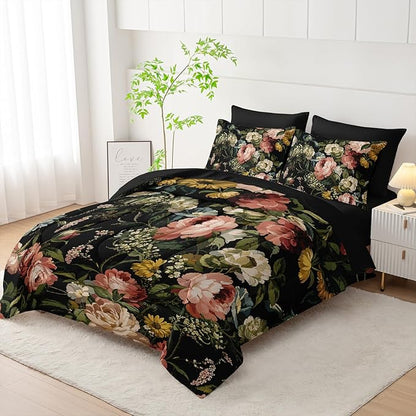 Black Floral Comforter Set Twin Colorful Floral Bedding Sets 7PCS,Light Colorful Flower Bedding Set 7 Piece in A Bag,Bed Sheet Set Flower Decor,Microfiber Ultra-Soft Lightweight Microfiber