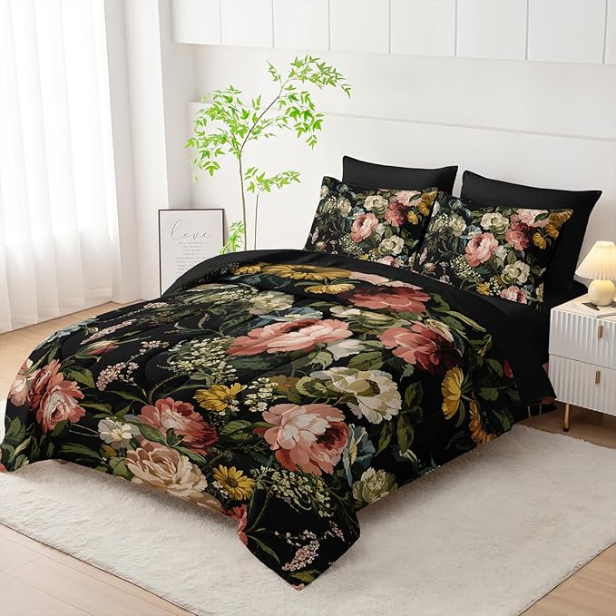 Black Floral Comforter Set King Colorful Floral Bedding Sets 7PCS,Light Colorful Flower Bedding Set 7 Piece in A Bag,Bed Sheet Set Flower Decor,Microfiber Ultra-Soft Lightweight Microfiber