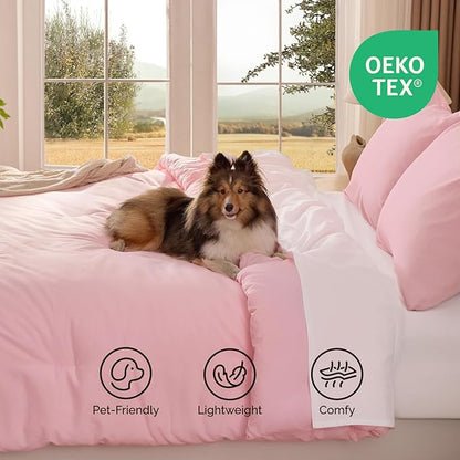 Andency Pink Queen Size Comforter Set, 3 Pieces Boho Solid Bedding Comforters & Sets, Modern Reversible Soft Lightweight All Season Bed Set for Men Women (90x90Inch Comforter & 2 Pillowcases)