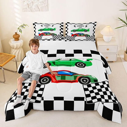 jejeloiu Boys Cartoon Racer Car Bedding Set Full Size Black White Checkerboard Comforter Set for Kids Green Red Duvet Set Cute Car Quilt Set 3Pcs