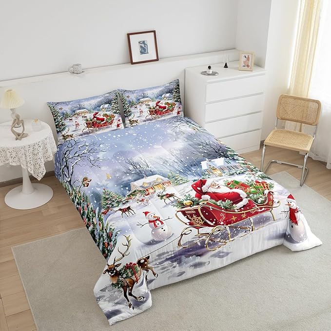 Merry Christmas Kids Comforter Set Full Size,Santa Claus and Elk Sledge Bedding Set 3Pcs,Cute Snowman Xmas Tree Quilt Set Girls Boys Room Decor,Rustic Cabin Winter Duvet Insert,2 Pillowcases