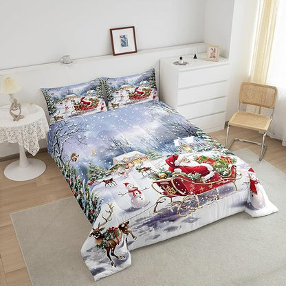 Merry Christmas Kids Bedding Set Twin Size,Santa Claus and Elk Sledge Comforter Set 2Pcs,Cute Snowman Xmas Tree Quilt Set Girls Boys Room Decor,Rustic Cabin Winter Duvet Insert,1 Pillowcase