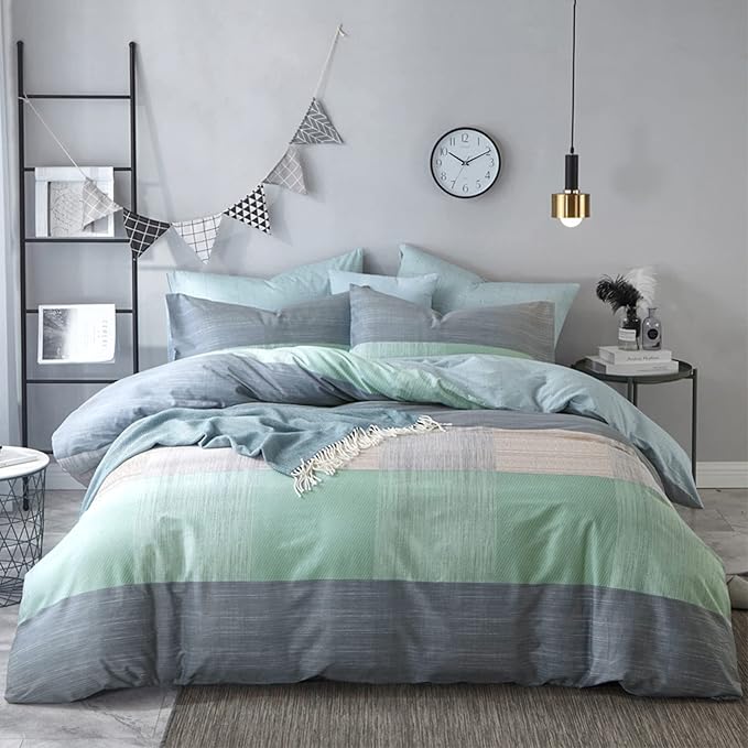 HighBuy Green Blue Stripe Comforter Set for Full Size Bed,Comfy Soft Geometric Bedding Comforter Full Bed Set 3 Piece with 2 Pillowcases,Hotel Fluffy Boho Bedding Set,All Season,Teen Boy