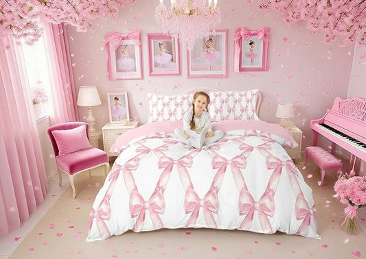 Erosebridal Ribbon Bow Bedding Set for Kids Girls Teen Women,Pink Girly Bowknot Bedding Comforter Sets Queen Cute Fantasy Princess Comforter Set Kawaii Bow Tie Bed Duvet Set 2 Pillow Cases
