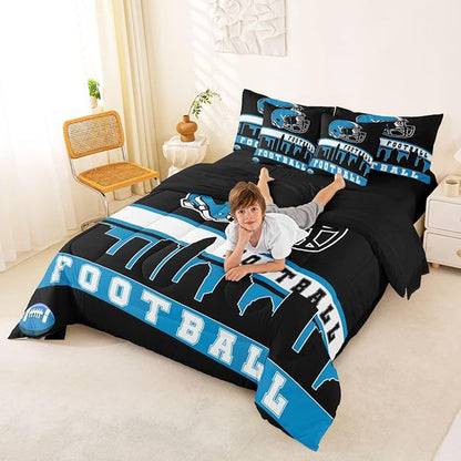 Erosebridal Football 7 Pcs Comforter Set King Football City Bedding for Teens Black Football Fans Sheet Set Bed in A Bag Rugby Game Bedroom Decor Sports Ball Competition Bed Set